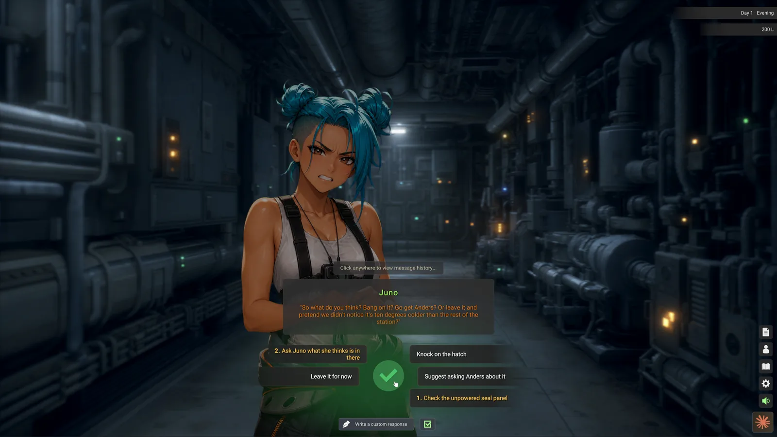 In-game screenshot: a tense confrontation in a dark station corridor