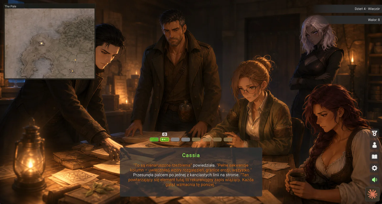 In-game screenshot in Polish: a party studying documents around a lantern-lit table, with a region map